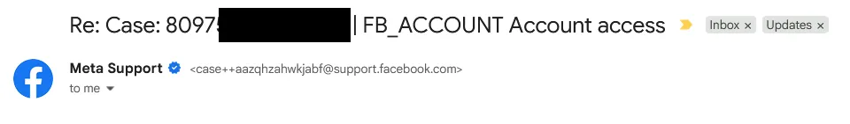 Email from Meta Support about an FB_ACCOUNT account access case
