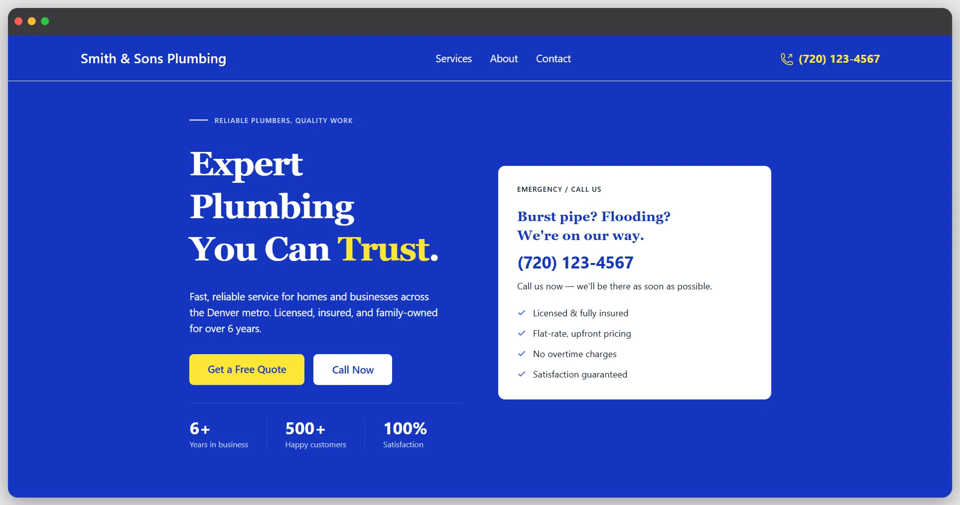 Example client website — Smith & Sons Plumbing